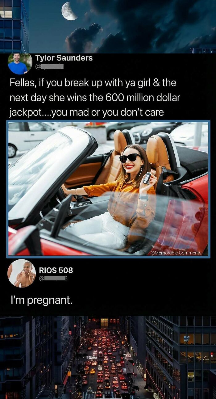 Savage comment about breaking up and winning a 600 million dollar jackpot with a car image