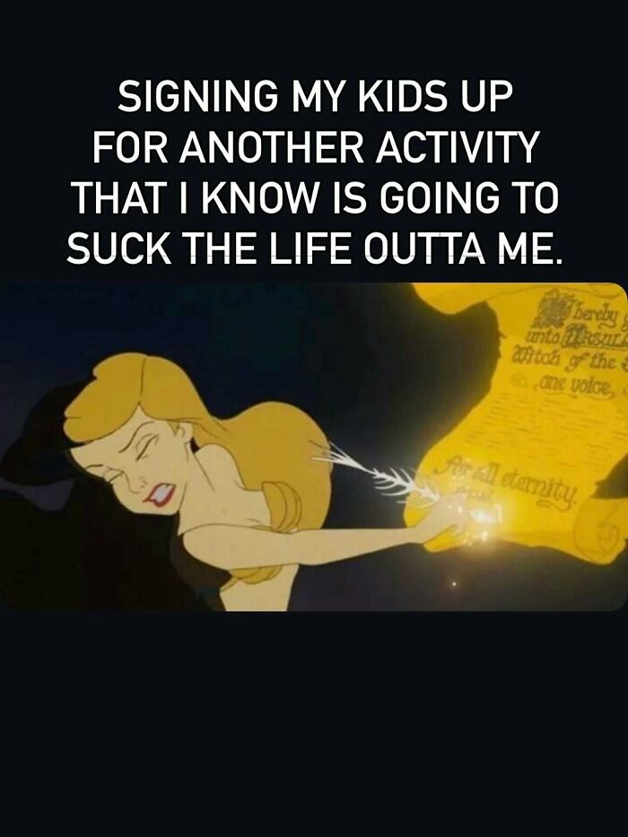 Funny mom meme about signing kids up for exhausting activities with cartoon