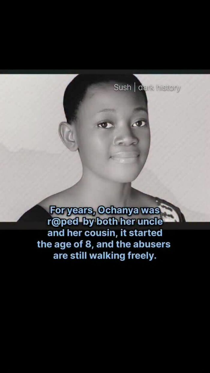 Black and white photo of a young girl with text about historical a***e and impunity