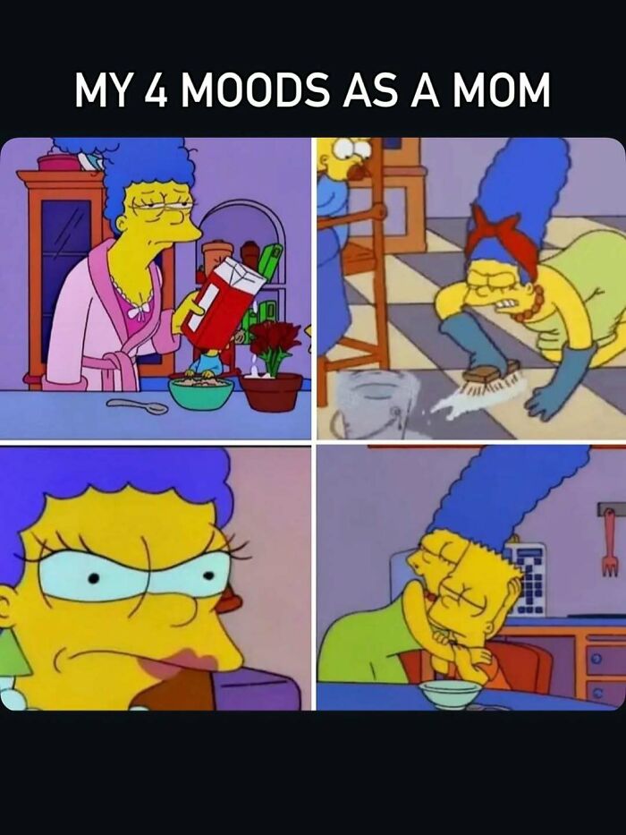 Four moods of a mom meme featuring Marge Simpson in different scenes