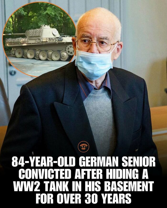 Elderly man with mask and glasses, inset image of WW2 tank, hiding tank story from history