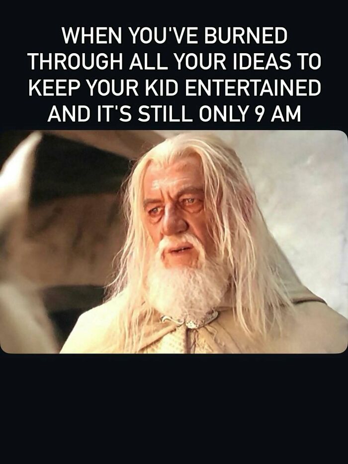 Meme of a weary character expressing burnt out ideas to entertain kids early morning