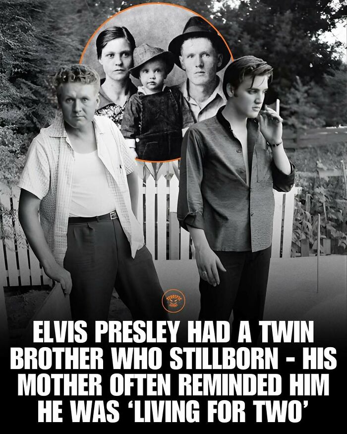 Vintage collage featuring Elvis Presley with twin brother photo, historic family and celebrity fact