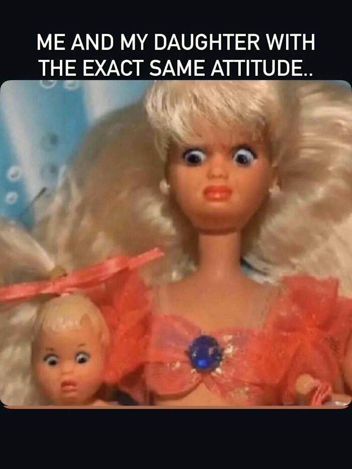 Funny mom meme of dolls with identical sassy attitude showing mom and daughter