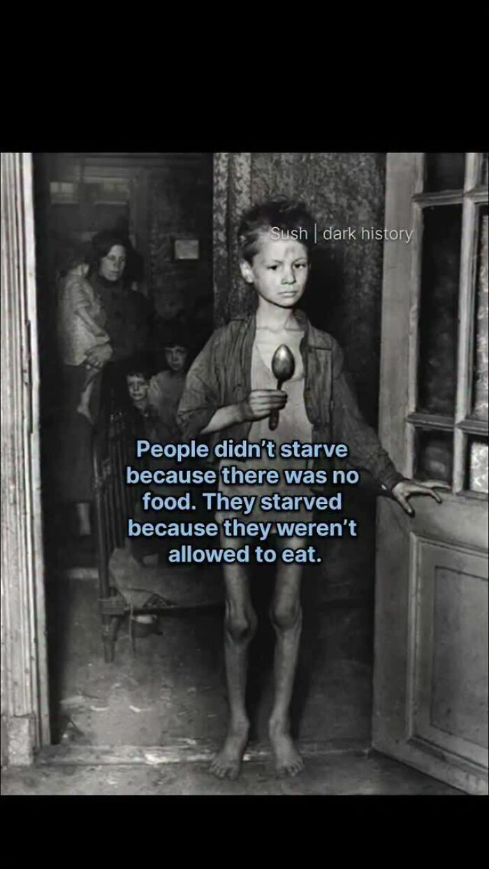 Emaciated boy with spoon highlighting starvation in dark historical facts
