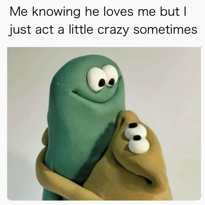 A funny meme shows a green monster-like figure hugging a yellow one, perfect for laughter.