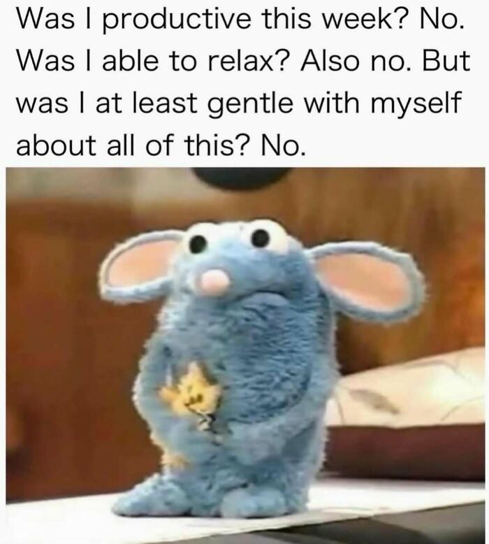 A blue furry mouse puppet, looking distressed, with text above asking about productivity and relaxation. Funny memes.