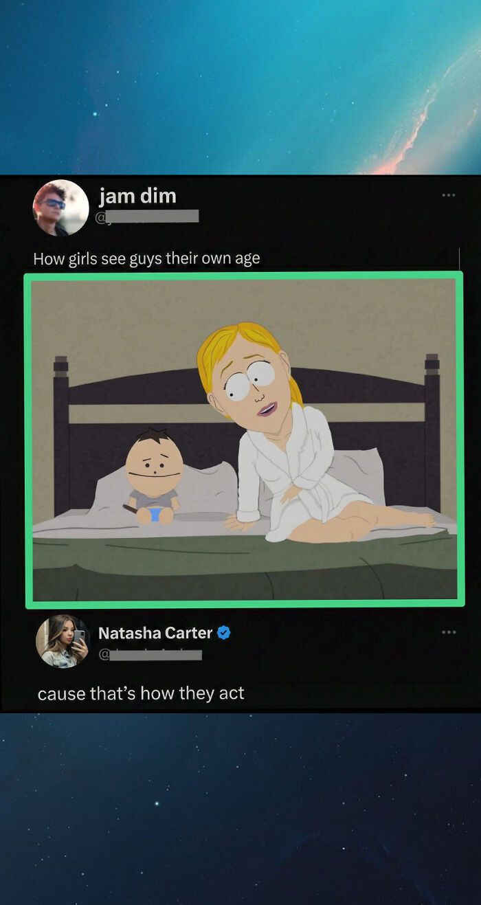 Savage and clever comment with cartoon showing how girls see guys their own age