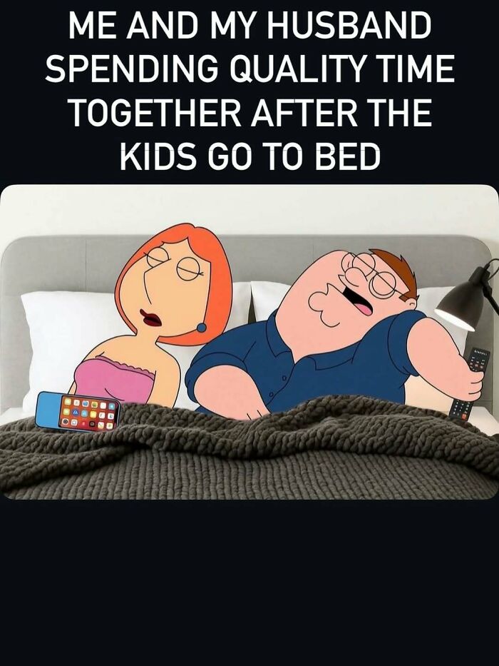 Cartoon couple tired in bed illustrating parents spending quality time after kids sleep
