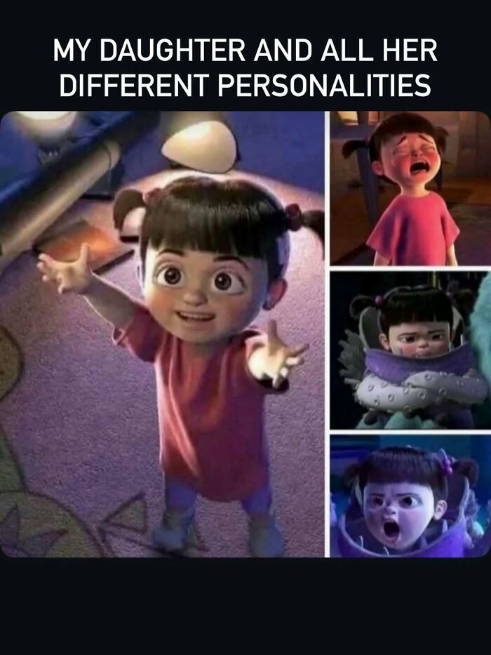 Parenting meme about daughter’s different personalities with Monsters Inc girl