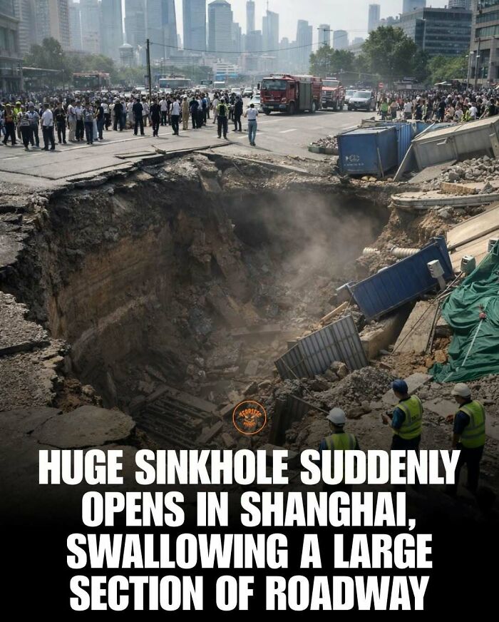 Huge sinkhole opens in Shanghai swallowing a large section of roadway