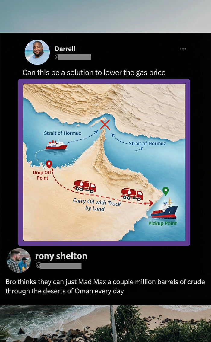 Map meme joking about lowering gas prices in savage and clever comments