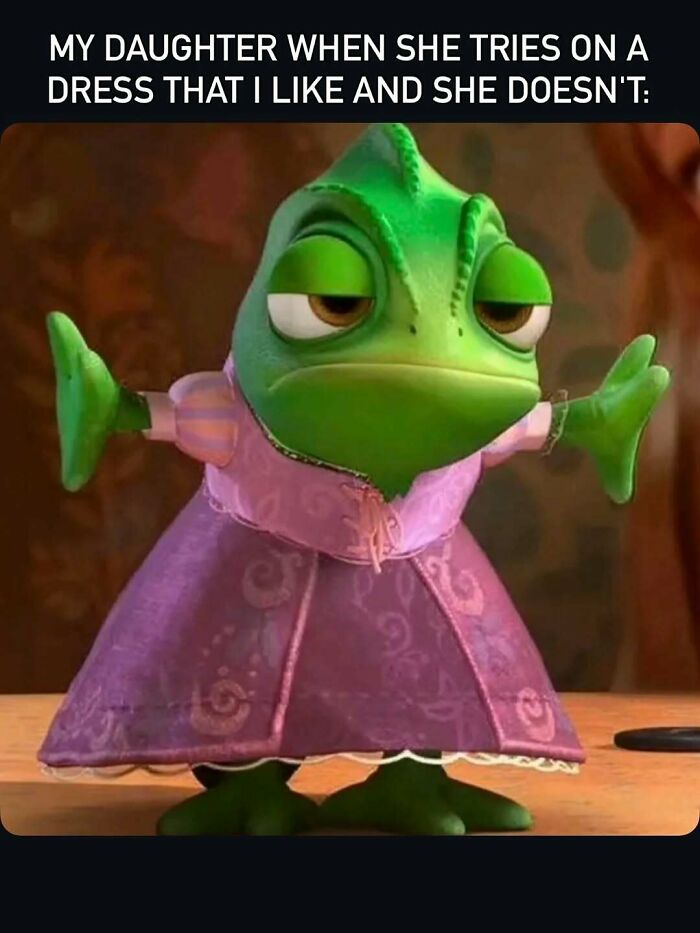 Daughter personality meme showing rejection of liked dress with chameleon