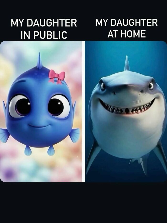 Mom meme showing daughter in public vs at home as different fish characters