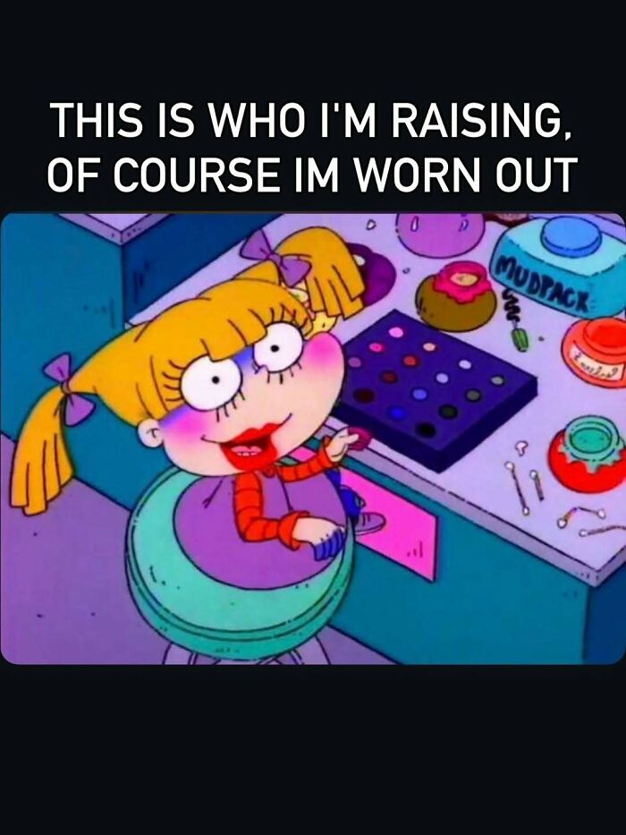 Cartoon mom meme showing tiredness raising child