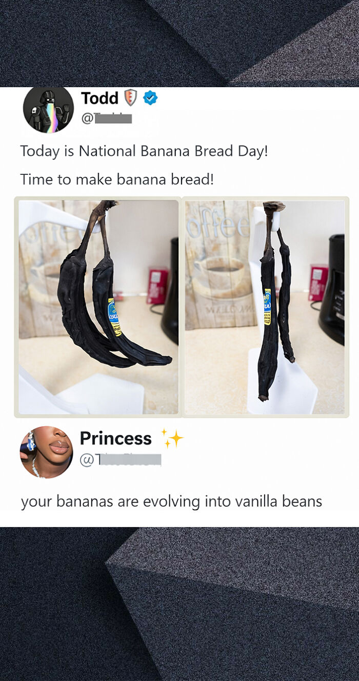 Funny tweet about overripe bananas evolving into vanilla beans in savage comments