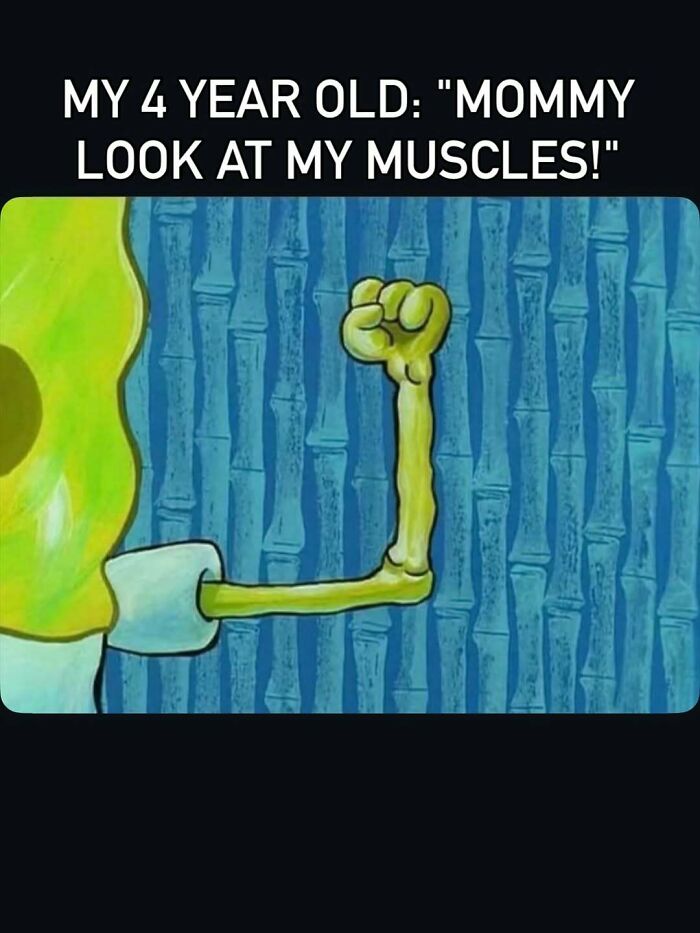 Funny mom meme showing child flexing muscles as muscles cartoon arm