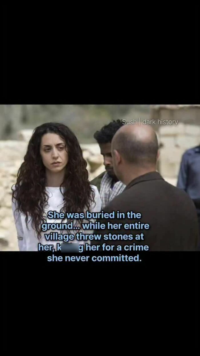 Image showing a woman and two men with text about a stoning incident in a village historical facts