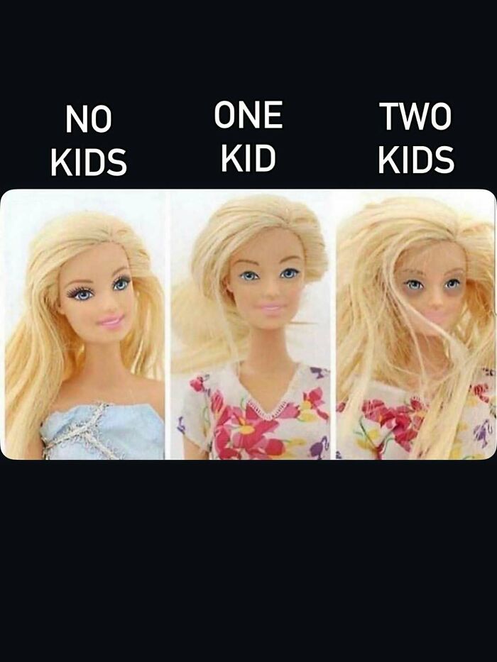 Barbie dolls meme showing hair after having one and two kids