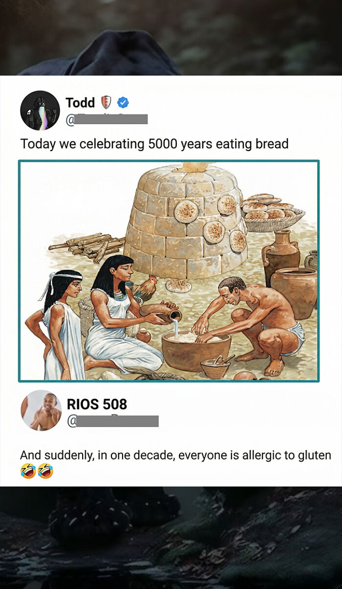 Historical bread making image with gluten allergy joke in savage comments