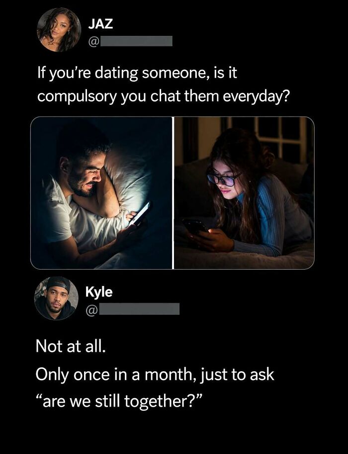 Savage comment on dating chat frequency with images of two people texting at night