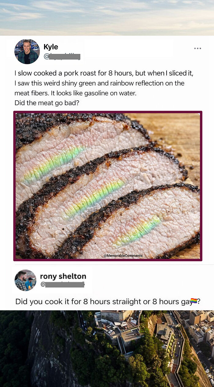 Savage social media comment on rainbow reflection on pork roast meat