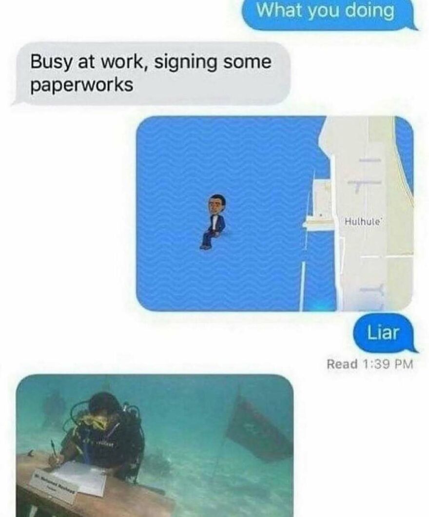 Text conversation with underwater paperwork signing joke