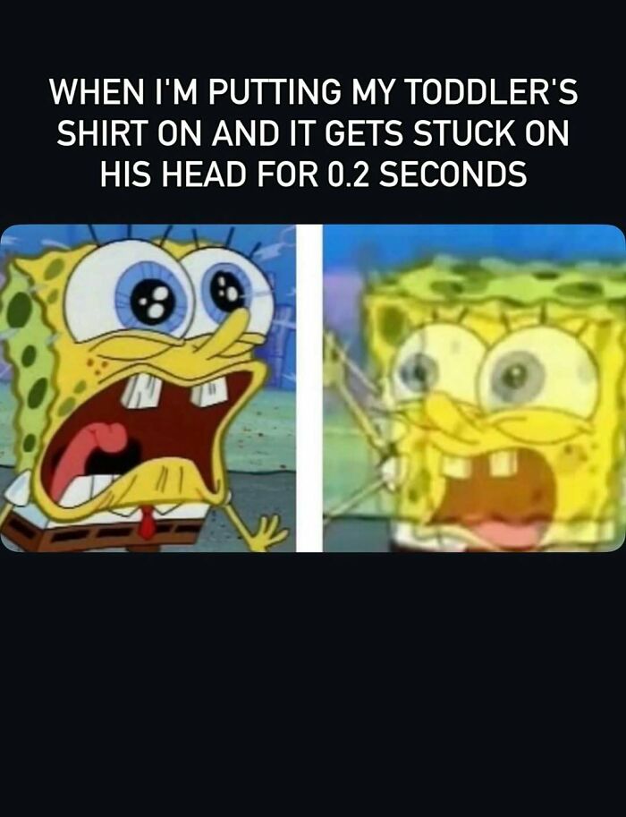Funny mom meme about toddler's shirt stuck on head using SpongeBob images