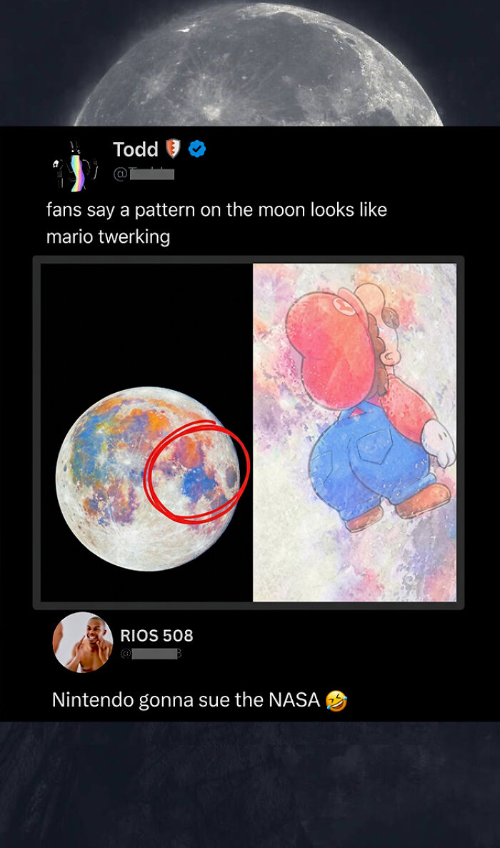 Clever comment on moon pattern resembling Mario twerking with colorful moon image