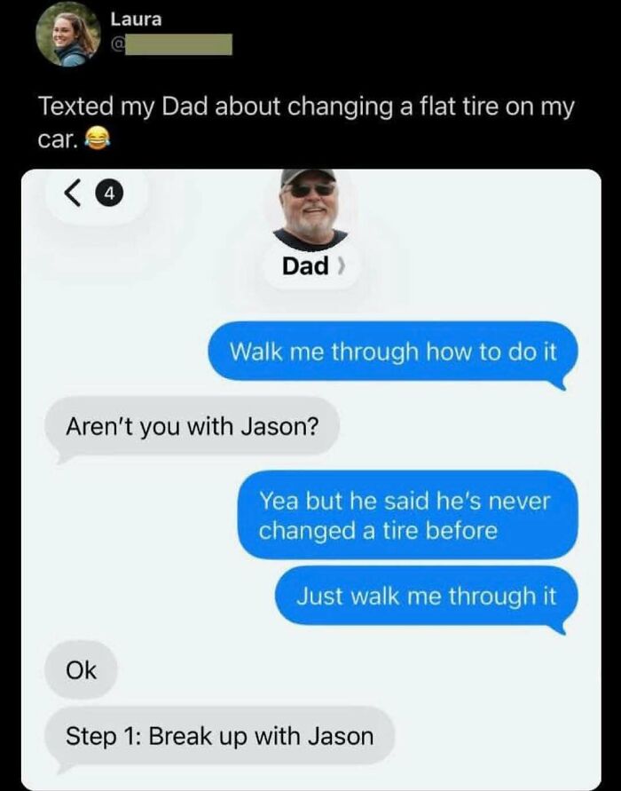 Text exchange where dad tells daughter to break up to change a tire