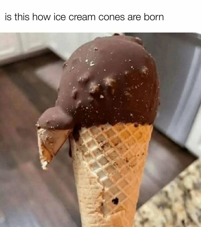 Ice cream cone with broken chocolate shell humorous meme in random memes