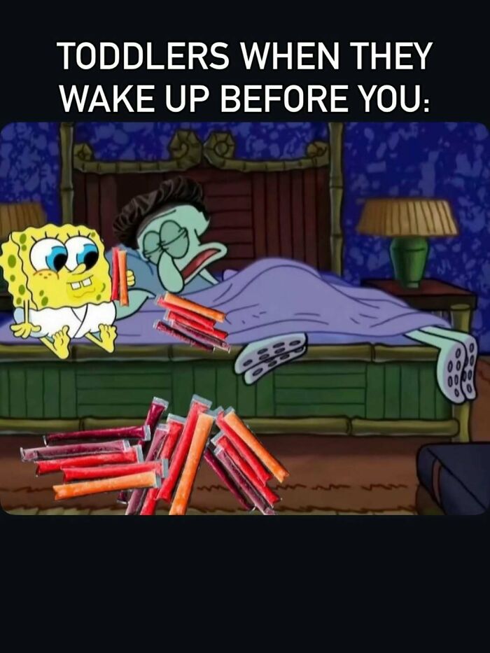 Funny toddlers waking up early cartoon meme with SpongeBob and Squidward