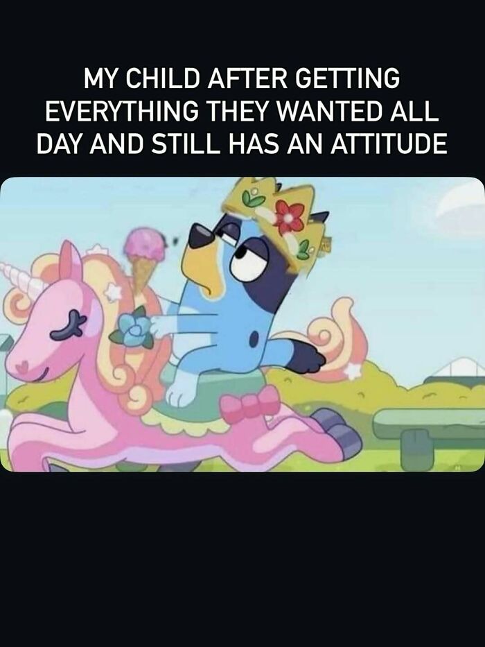 Child attitude meme after getting what they want with Bluey character