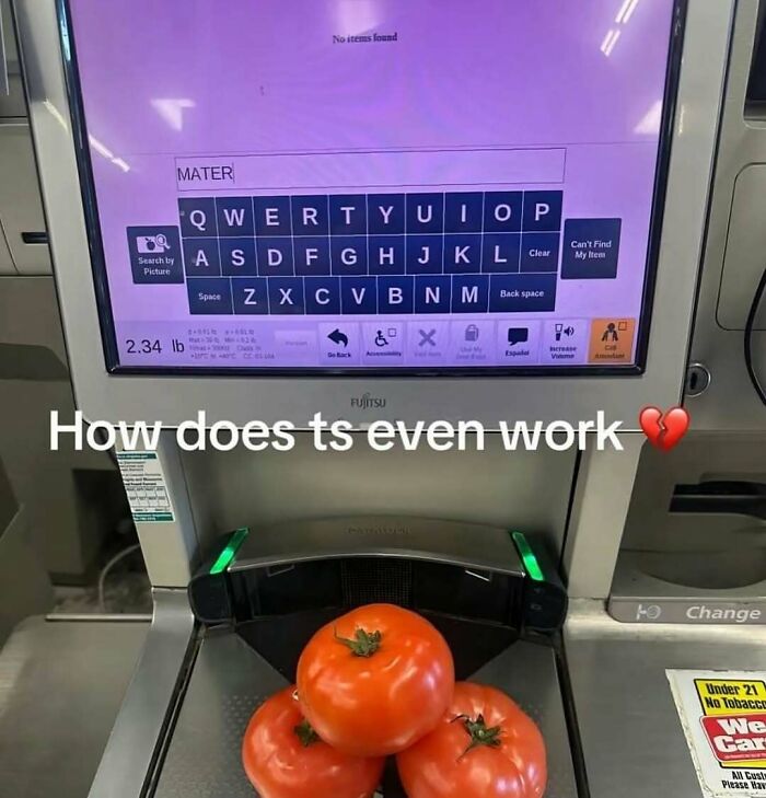 Grocery scanner scanning tomatoes with text about how it works