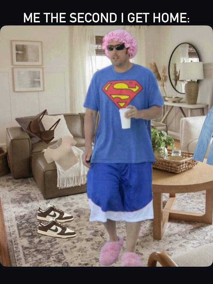 Funny mom meme showing relaxed parent arriving home in comfy clothes