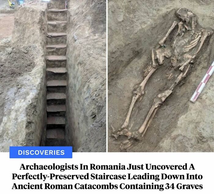 Romanian archaeological discovery of ancient Roman catacombs staircase and skeleton