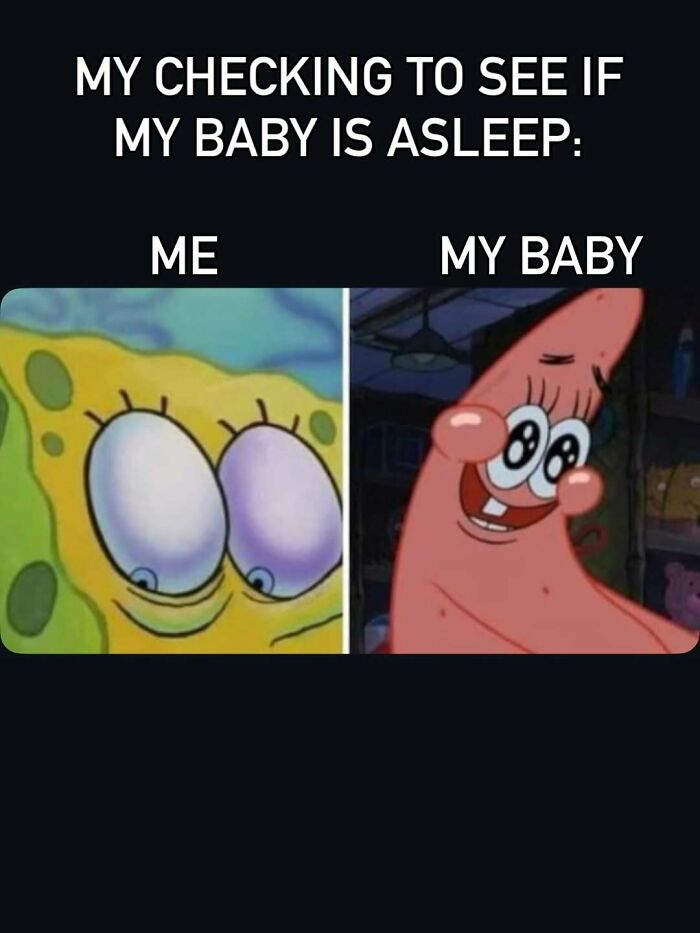 Funny mom meme showing checking baby asleep with SpongeBob and Patrick
