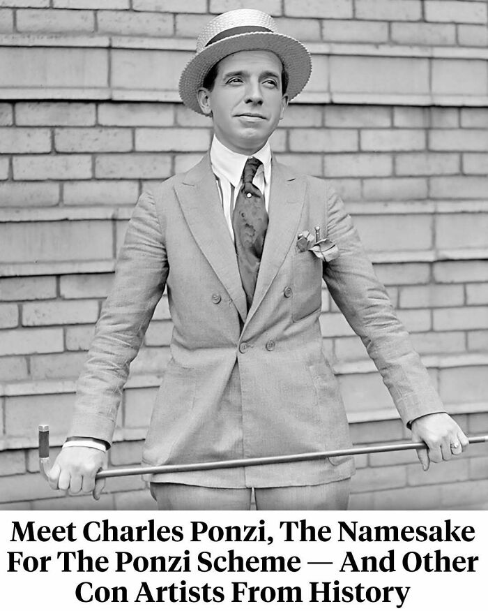 Charles Ponzi portrait, namesake of the Ponzi scheme and historic con artists