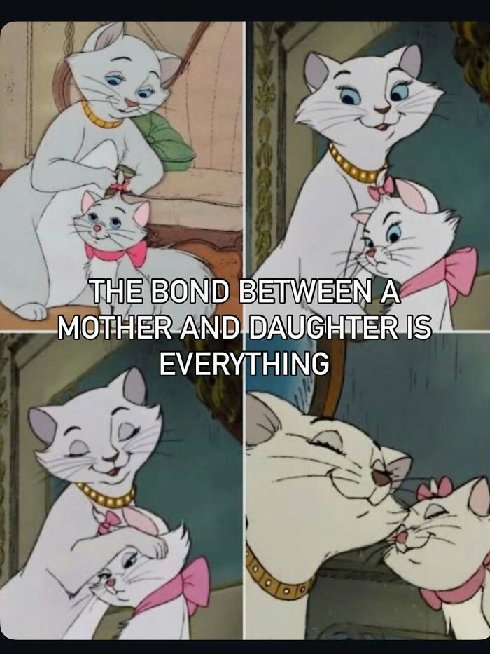 Cartoon cats hugging depicting mother and daughter bond in mom meme