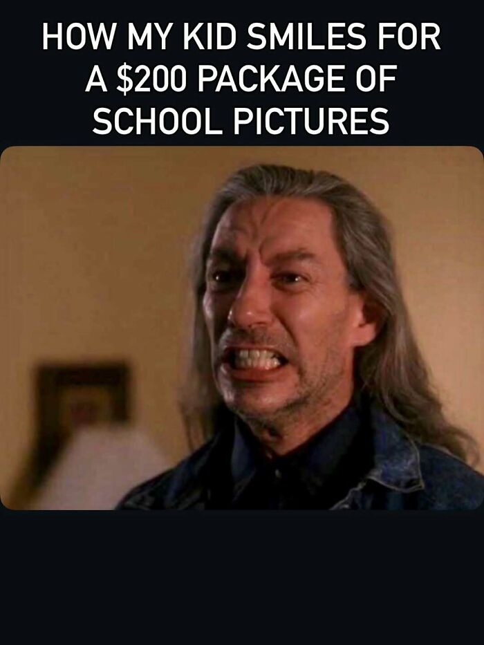 Funny mom meme about kid's forced smile for expensive school pictures