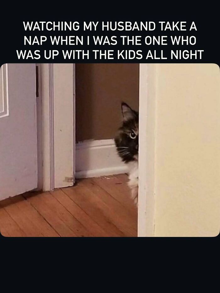 Mom meme about watching husband nap after a night with kids