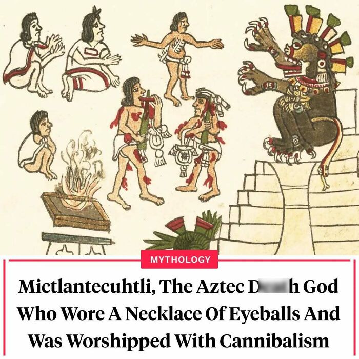 Illustration of Mictlantecuhtli, Aztec d***h god associated with cannibalism