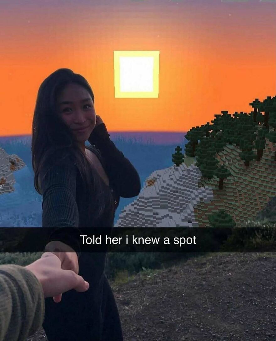 Woman holding hand with Minecraft sunset background captioned I knew a spot unhinged funny post