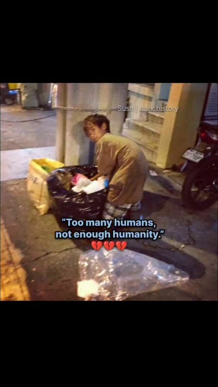 Child scavenging through trash with quote on humanity, highlighting a creepy historical fact