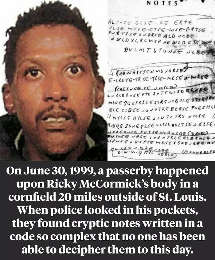 Portrait of Ricky McCormick alongside his mysterious undeciphered coded notes from 1999
