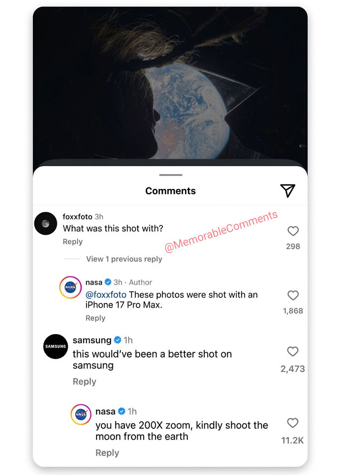 Savage comments on NASA photo shot with iPhone 17 Pro Max vs Samsung