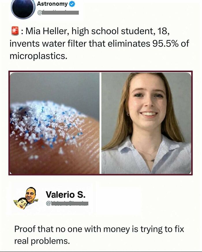 High school student inventing water filter to eliminate microplastics
