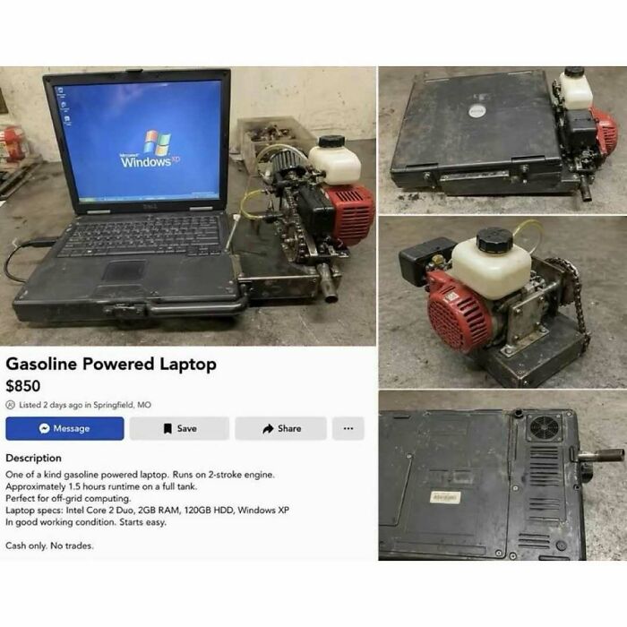 Gasoline powered laptop with 2-stroke engine on Facebook Marketplace