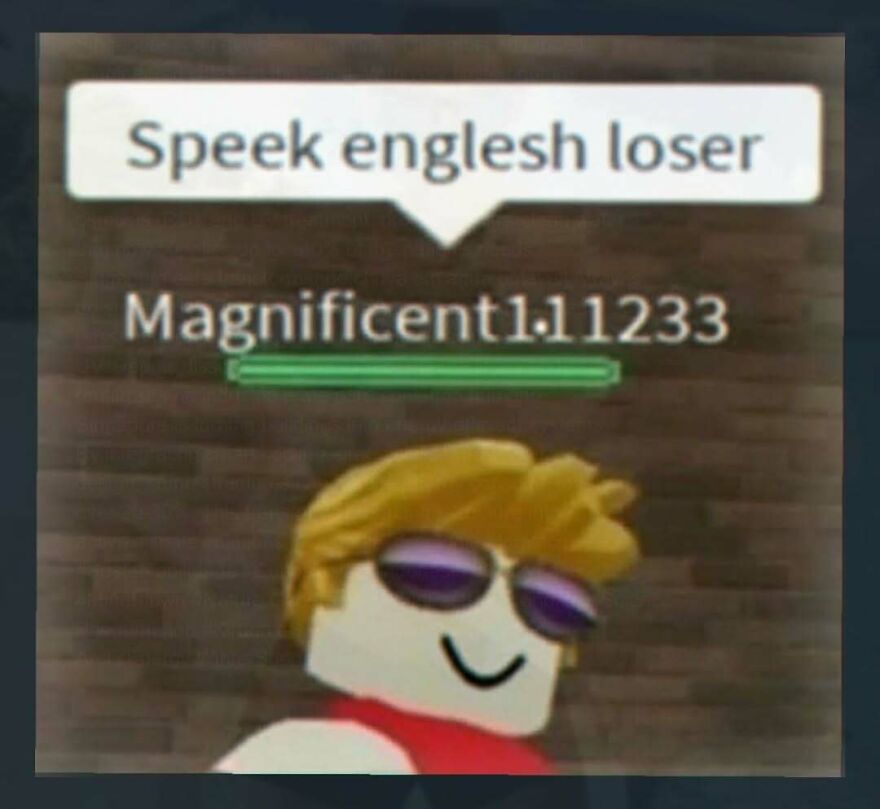 Roblox character with unhinged caption about speaking English poorly