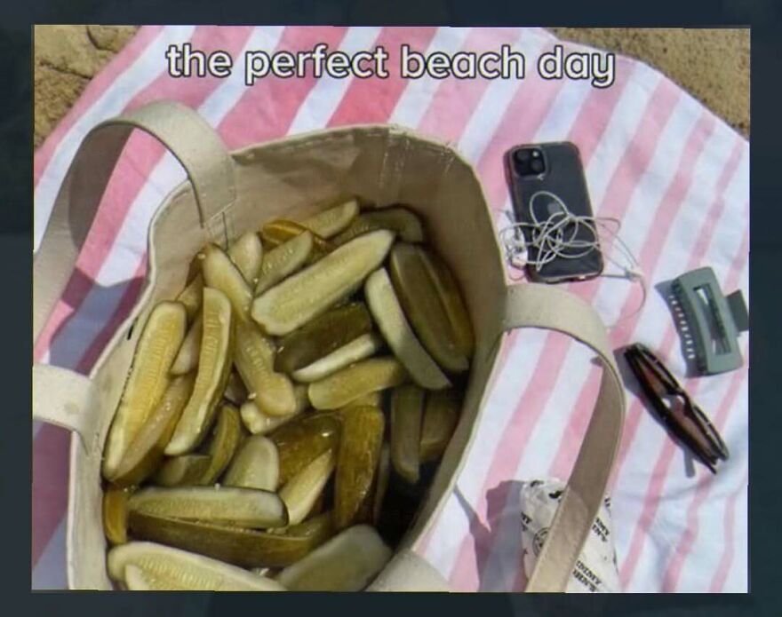 Tote bag full of pickles captioned as perfect beach day